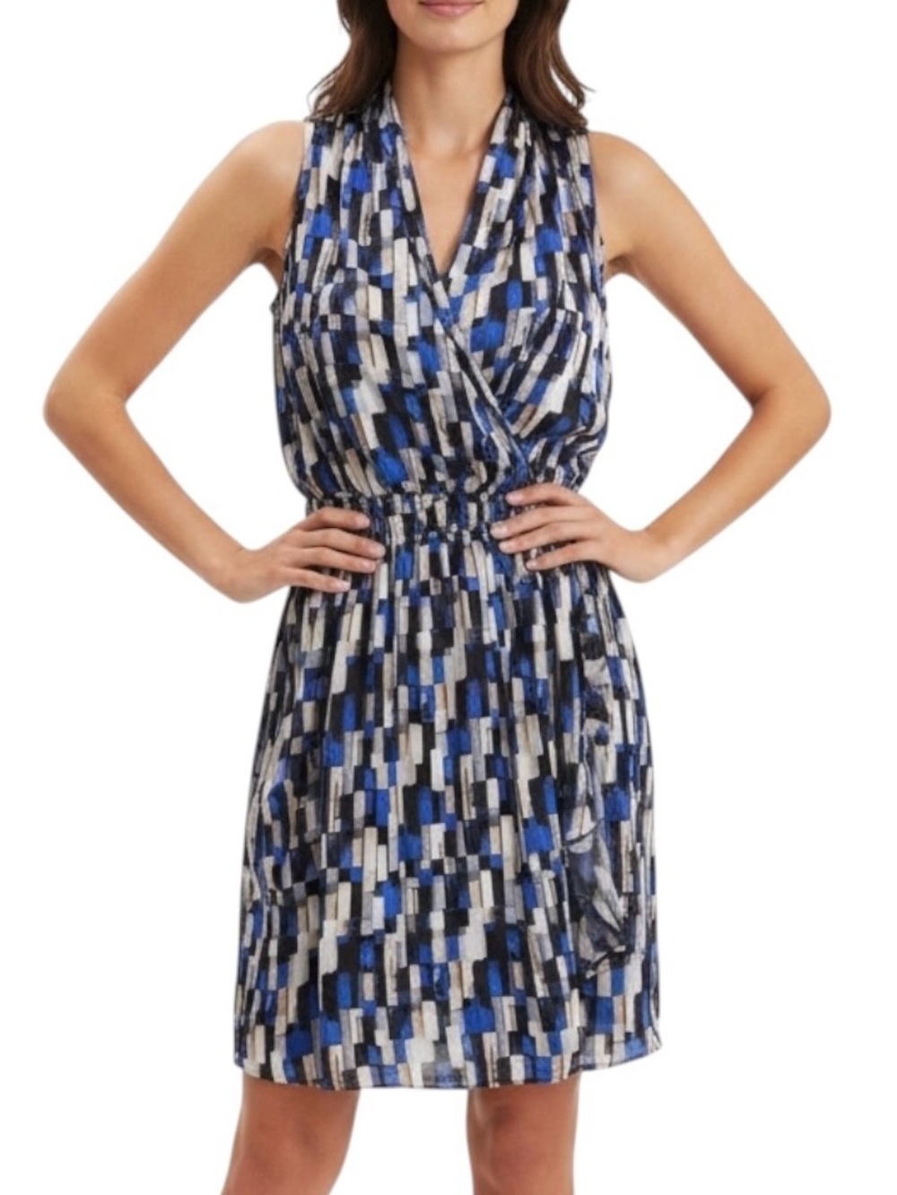White House Black Market Sz 14 Faux Wrap Dress Sleeveless Geometric Pattern| GUC